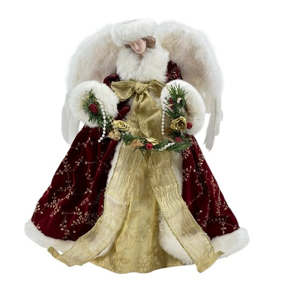 Grandeur Noel Celestial Fabric Angel 16" Tree Topper Porcelain Hand Painted Face - Picture 1 of 10